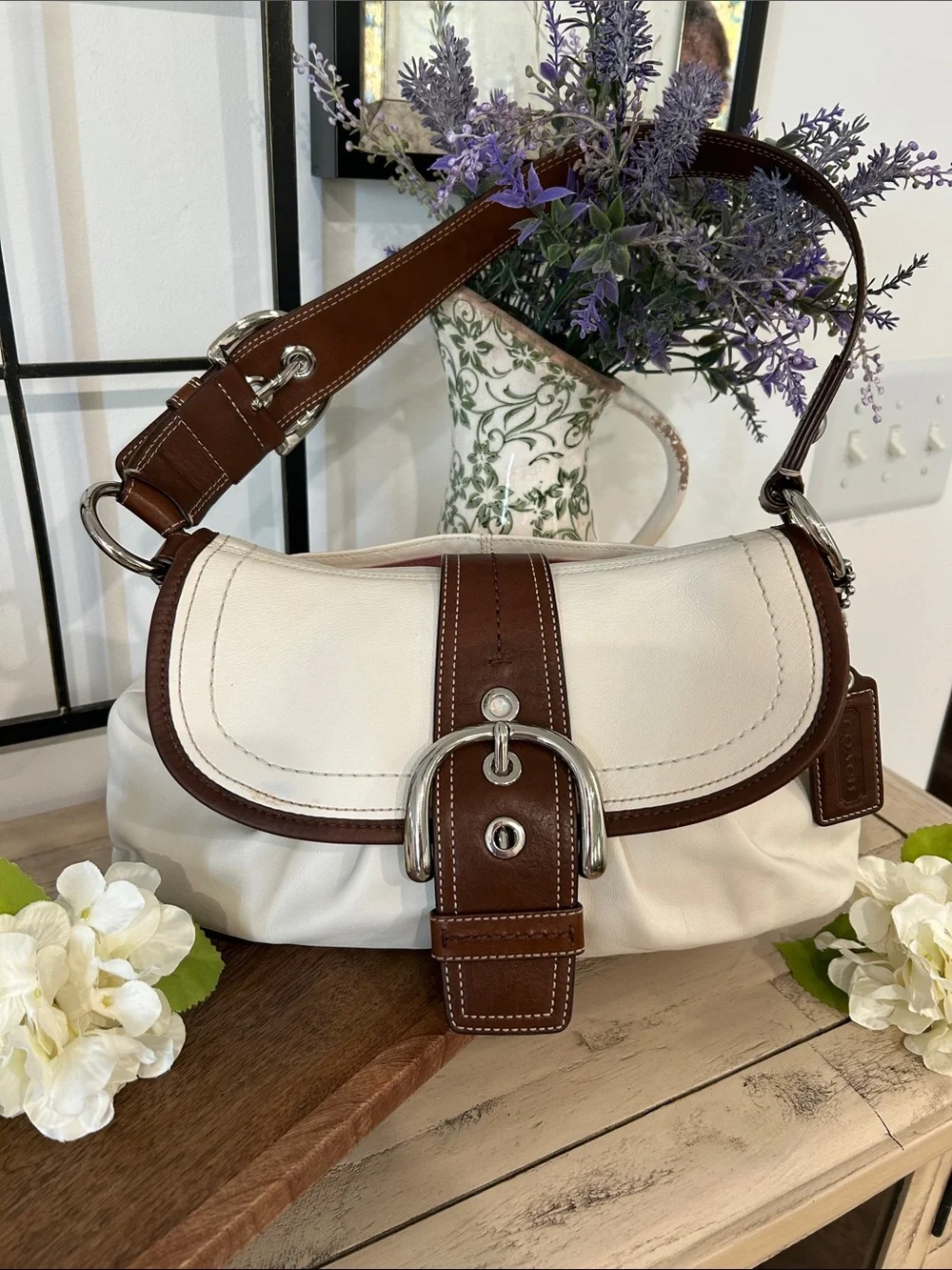 Coach White and Brown Leather Hobo Shoulder Bag with Buckle Detail